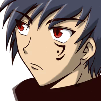 Original digital art of a male anime-style avatar with spiky black hair and intense red eyes for a profile picture.