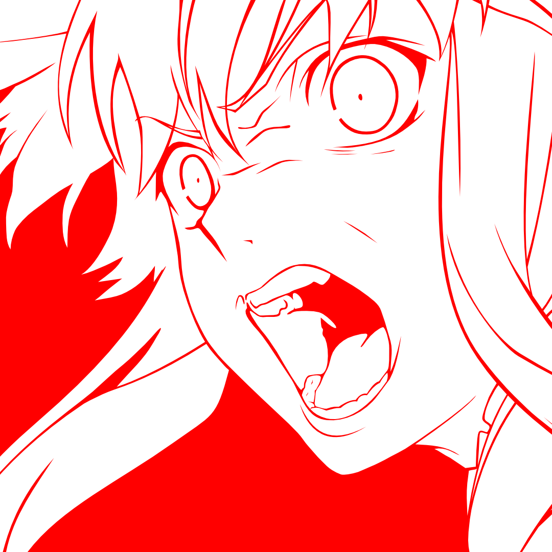 Red-and-white anime forum avatar/pfp: close-up of Yuno Gasai (Mirai Nikki) screaming, wide eyes and bared teeth.