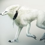 Fantasy-themed avatar featuring a sleek white wolf with a black cloth tied around its neck, captured in a graceful walking pose.