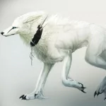 Fantasy-themed avatar featuring a sleek white wolf with a black cloth tied around its neck, captured in a graceful walking pose.
