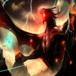 A striking fantasy dragon with glowing eyes and outstretched wings commands attention against a stormy backdrop, making it an engaging profile photo for any forum.