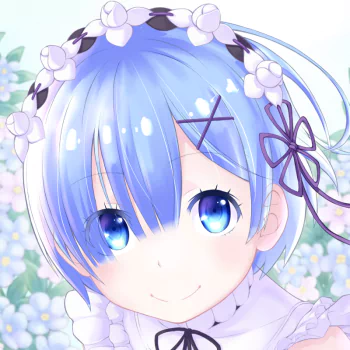 Close-up anime forum avatar of Rem from Re:Zero — blue-haired maid with floral headband, bright blue eyes and a gentle smile, framed for a profile photo.