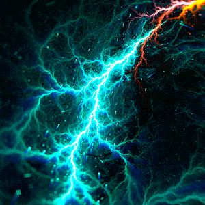 Psychedelic artistic forum avatar of a neon turquoise lightning bolt with orange highlights branching across a dark, textured cosmic background.