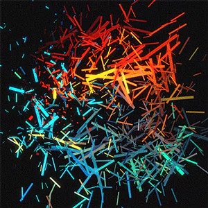Artistic psychedelic forum avatar/pfp: neon red, orange, blue and teal ribbon-like shards bursting against a black background.