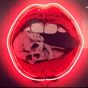 Artistic psychedelic forum avatar: glowing neon red lips open to reveal a cracked skull inside — surreal, high-contrast profile pfp.