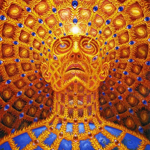 Artistic psychedelic forum avatar — golden humanoid face formed from swirling flame-like patterns, surrounded by dozens of blue peacock-style eyes.