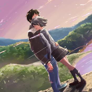 Anime-style avatar featuring Taki Tachibana and Mitsuha Miyamizu from Your Name., embracing against a scenic, pastel-colored landscape backdrop.