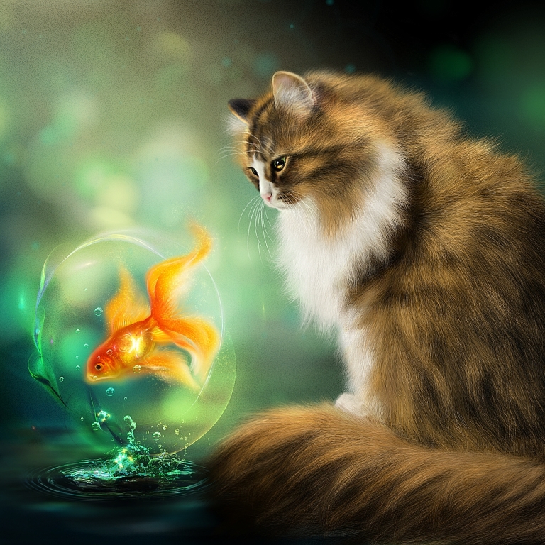 Painting of Cat and Goldfish