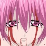 Elfen Lied anime forum avatar: close-up of a pink-haired character with blood-streaked face, teary, intense eyes and a vulnerable, open-mouthed expression.