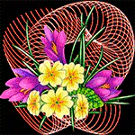 Colorful artistic forum avatar: bright yellow and purple flowers over swirling red-orange geometric spiral design.