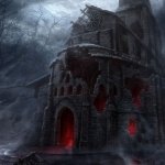 Dark gothic stone building with a glowing red door and mist-shrouded moonlit sky — eerie forum avatar/profile photo.