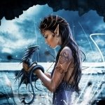 Fantasy-themed forum avatar of a woman with intricate tattoos and a crown, holding a small dragon against a stormy, mystical background.