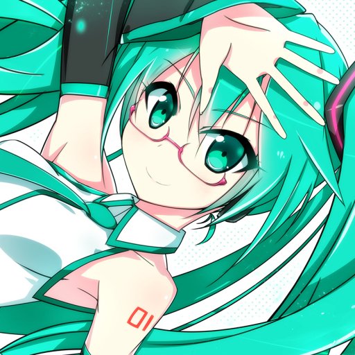 Anime-style profile image of Hatsune Miku with green twintails, green eyes, and glasses, captured in a dynamic pose.