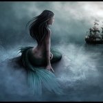 Fantasy mermaid forum avatar/pfp: a solitary mermaid sits in a misty sea, tail draped over rocks, gazing toward a distant ship under stormy, clouded skies.