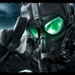 A dark-themed forum avatar featuring a figure wearing a gas mask with glowing green eyes, set against a shadowy background.