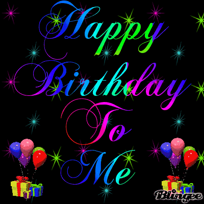 Glittery Happy Birthday To Me text in colorful script with sparkling stars, balloons, and gift boxes on a black background as a festive holiday-themed avatar.