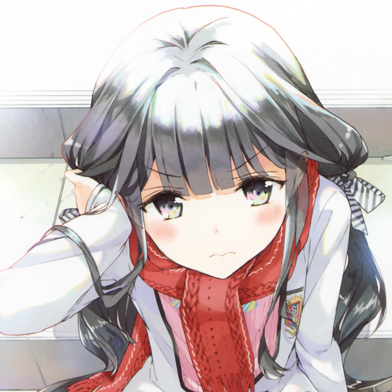 Close-up of Aki Adagaki from Masamune-kun no Revenge wearing a red scarf, with black hair and a serious expression, used as a forum avatar in anime style.