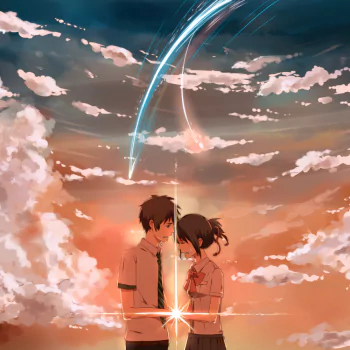 Anime avatar: Taki Tachibana and Mitsuha Miyamizu (Your Name.) touch foreheads under a comet-lit sunset, a glowing light between them.