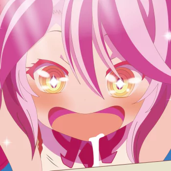 Forum avatar of Jibril (No Game No Life): close-up anime face with pink hair, glowing golden eyes and an excited open-mouth expression.