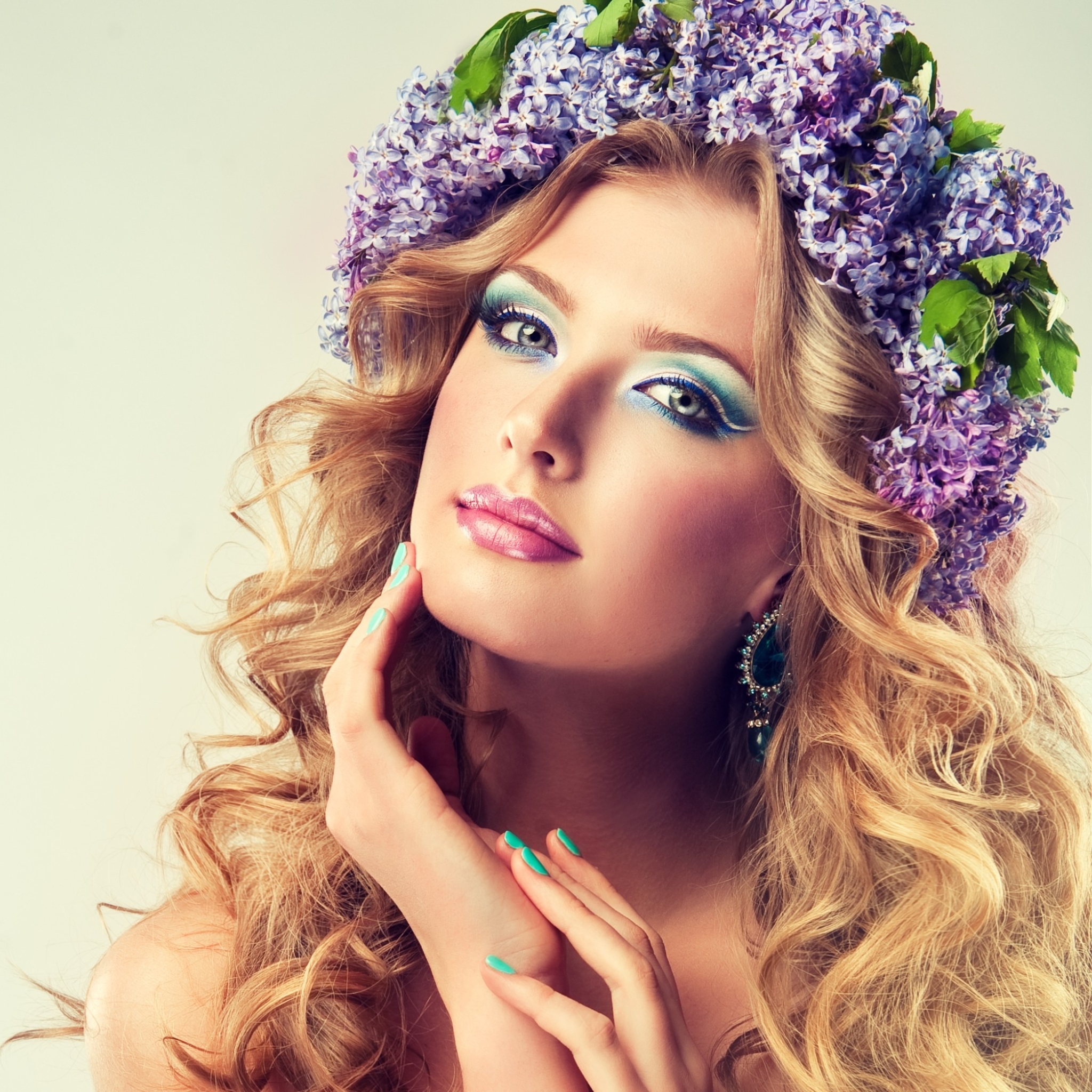 Beautiful model of flowers lilac ,with curly long hair by Sonya Zhuravetc