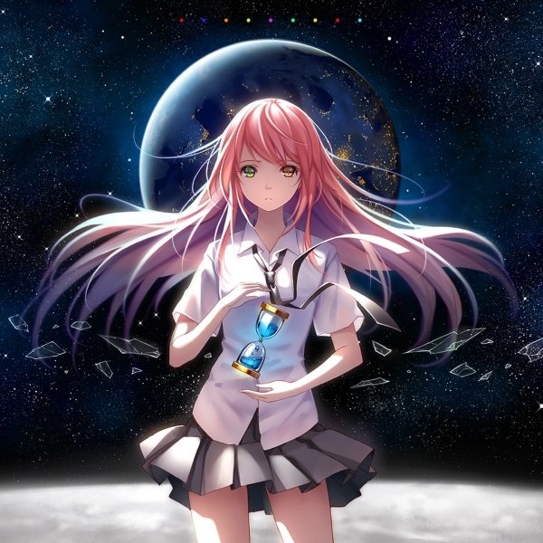 Anime girl with long pink hair and heterochromia in a school uniform, holding a glowing hourglass, set against a cosmic space background with a large planet behind her.