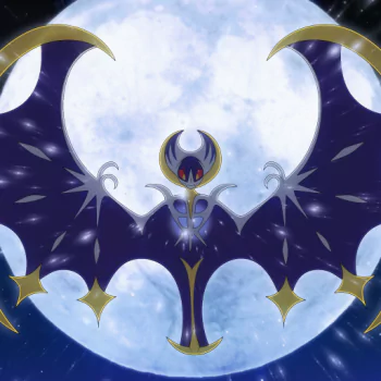 Lunala from Pokémon: Sun and Moon, winged silhouette against a full moon, presented as a Pokémon Moon video game forum avatar/profile image.