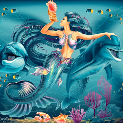 Download Blue Hair Long Hair Fish Shell Coral Dolphin Underwater Mermaid Fantasy PFP
