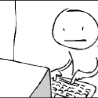 A simple cartoon figure typing on a keyboard while looking at a computer screen, used as a forum avatar/profile photo. Tags: technology, computer.