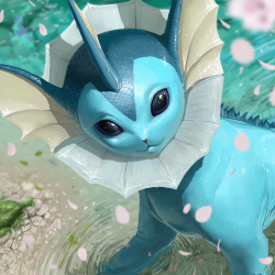 Anime-style forum avatar/profile photo of Vaporeon (Pokémon): close-up of a glossy blue, aquatic, fox-like Pokémon with a frilled collar and large expressive eyes amid floating petals.