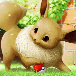 Anime-style Eevee with a fluffy ruff and big eyes, pawing a red Poké Ball on grass in front of a brick wall — forum avatar/profile photo.