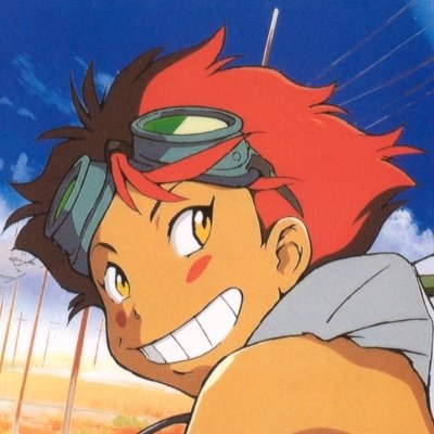 Close-up of an anime character with bright red hair and goggles from Cowboy Bebop, smiling energetically against a blue sky background.