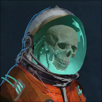 Sci-fi forum avatar showing an astronaut in an orange spacesuit with a glowing green skull visible inside the helmet against a dark background.