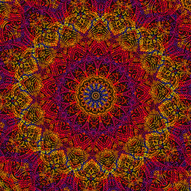 Artistic psychedelic forum avatar: kaleidoscopic mandala of concentric floral and paisley motifs in vivid red, purple and gold.