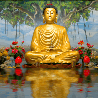 Golden Buddha statue seated in meditation under a tree, surrounded by colorful flowers, with a calm reflective water surface in front, embodying religious Buddhism themes.