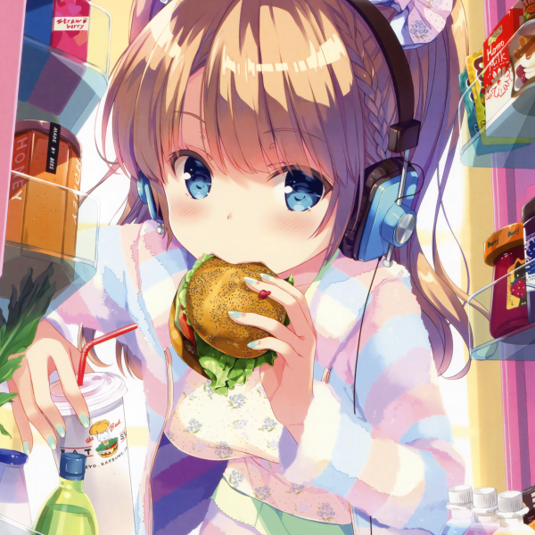 Anime original forum avatar: blushing blonde with short hair and blue eyes in Japanese clothes, wearing headphones while biting a burger.