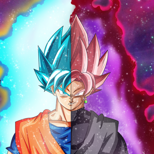 Split Dragon Ball Super anime avatar: Goku left as Super Saiyan Blue, right as Black Goku in Super Saiyan Rosé against contrasting cosmic blue and purple backgrounds.