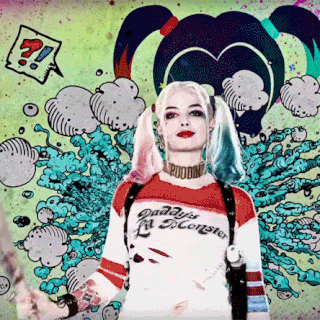 A vibrant profile photo of Margot Robbie as Harley Quinn from the movie *Suicide Squad*, featuring bold colors and dynamic comic-style elements.