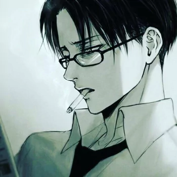 Forum avatar of Levi Ackerman (Attack on Titan): grayscale anime portrait of him in glasses, cigarette between his lips, collared shirt and a downward, contemplative gaze.