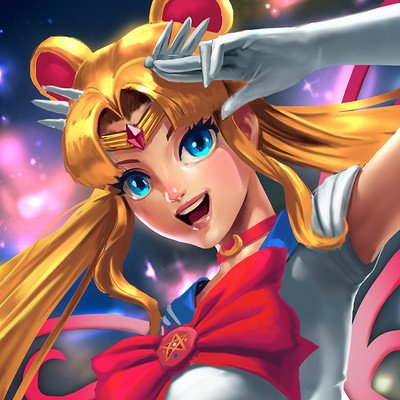 Vibrant anime-style portrait of Usagi Tsukino from Sailor Moon, showcasing her iconic hairstyle, blue eyes, and sailor uniform with a red bow.