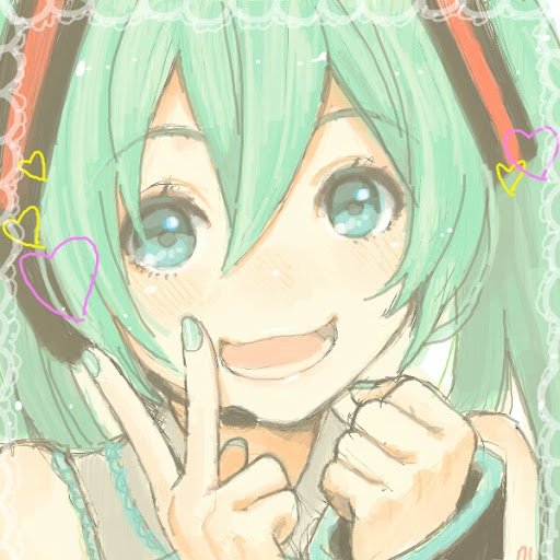 Forum avatar anime portrait of Hatsune Miku (Vocaloid): close-up smiling with teal twin-tails, sparkling aqua eyes, hand forming a peace sign and pastel heart accents around the frame.