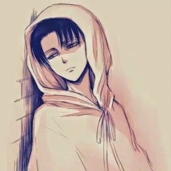 Anime-style forum avatar of Levi Ackerman from Attack on Titan, featuring him in a soft, hooded cloak with a calm, introspective expression.