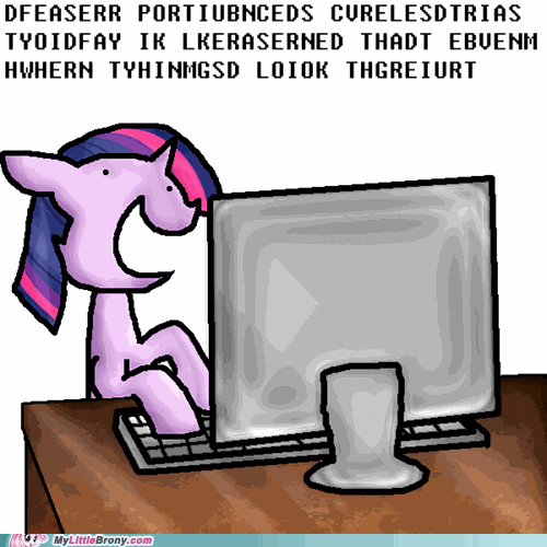 Forum avatar: Twilight Sparkle from the TV show My Little Pony: Friendship Is Magic laughing at a computer, with blocky gibberish text above.