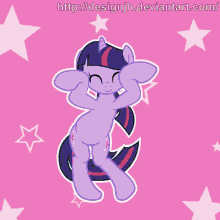 Forum avatar of Twilight Sparkle from My Little Pony: Friendship Is Magic — a joyful purple pony with a dark mane, grinning and prancing on a pink background dotted with white stars.