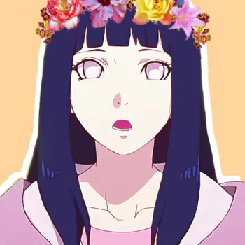 Anime-style forum avatar of Hinata Hyuga from Naruto, featuring her with pale eyes, long dark hair, and a colorful flower crown against a peach background.