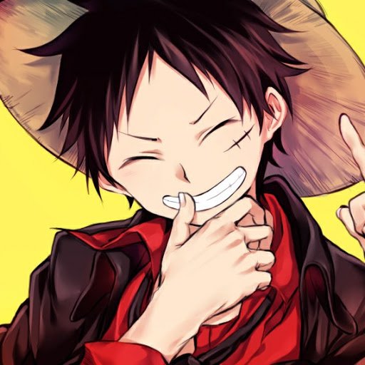 Anime-style profile image of Monkey D. Luffy from One Piece, smiling widely with his signature straw hat and a red scarf against a bright yellow background.