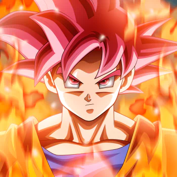 Anime-style avatar featuring Goku from Dragon Ball Super with red hair and intense expression, surrounded by fiery flames.