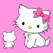 Anime-style Hello Kitty character with a pink bow sitting next to a small white mouse on a pink background, designed as a forum avatar or profile picture.