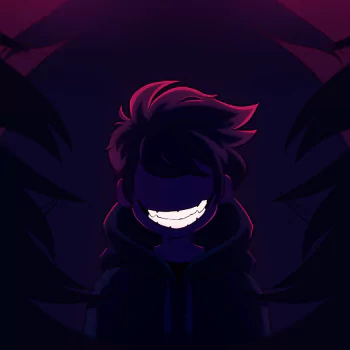Forum avatar for the video game Heartbound, featuring a dark, shadowy figure with a mischievous smile and spiky hair, set against a dimly lit background.