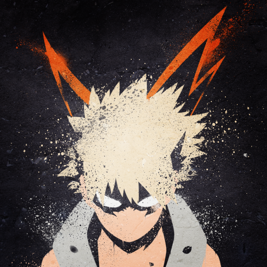 Stylized anime avatar of Katsuki Bakugou from My Hero Academia with spiky blonde hair and intense expression on a dark textured background.