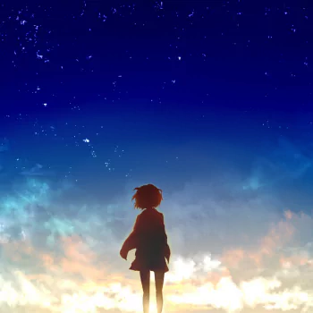 Profile photo of Mirai Kuriyama from Beyond the Boundary anime, gazing at a serene, star-filled sky.